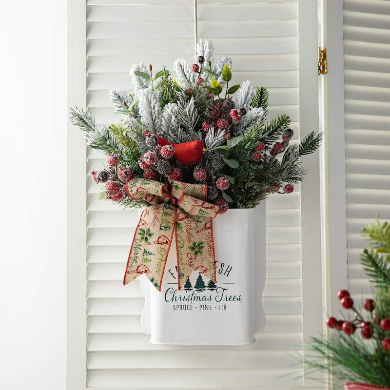Glitzhome Artificial Christmas Flocked Pinecone Berry Teardrop Wreath Centerpiece