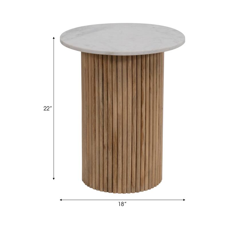 Sagebrook Home Mango Wood & Marble Accent Table with Reeded Base, MDF Support, and Contemporary Cylinder Design