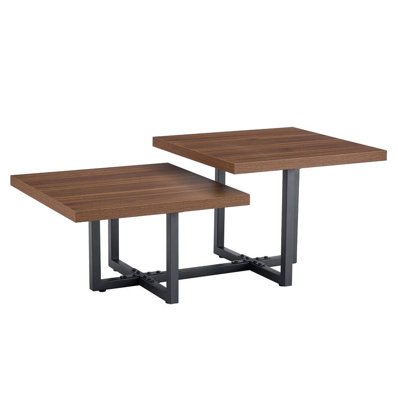 Modern 2-Tier Coffee Table with Walnut Wood Top, Square Center Table with Black Metal Base for Living Room, Stylish Furniture