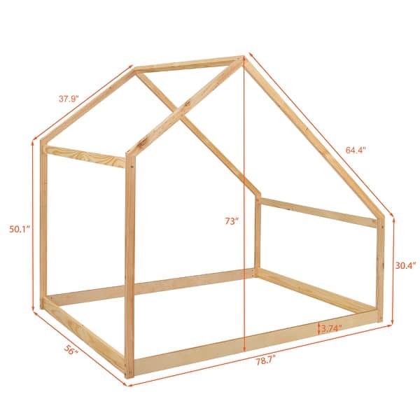 dimension image slide 5 of 6, Wooden Twin/Full Bed Frames with Roof, Montessori House Shaped Floor Bed for Kids Girls Boys, Sturdy Framework, Easy Assembly