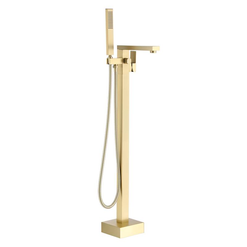 Freestanding Floor Mount Bath Tub Faucet with Handheld Shower - Brushed Gold