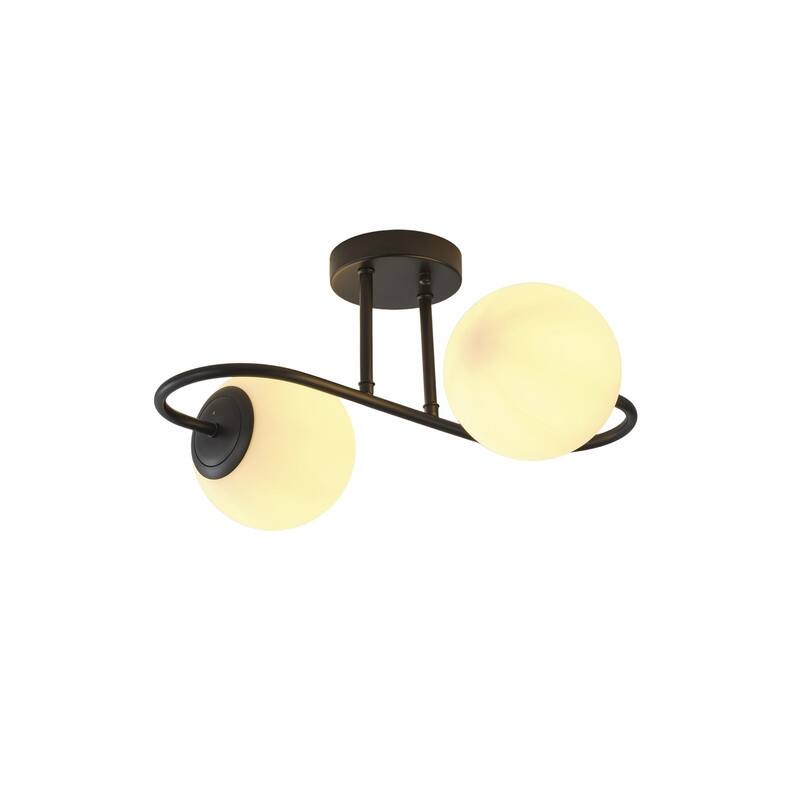 Modern Black Double Globe Flush Mount Ceiling Light with Curved Arm White Glass Shades