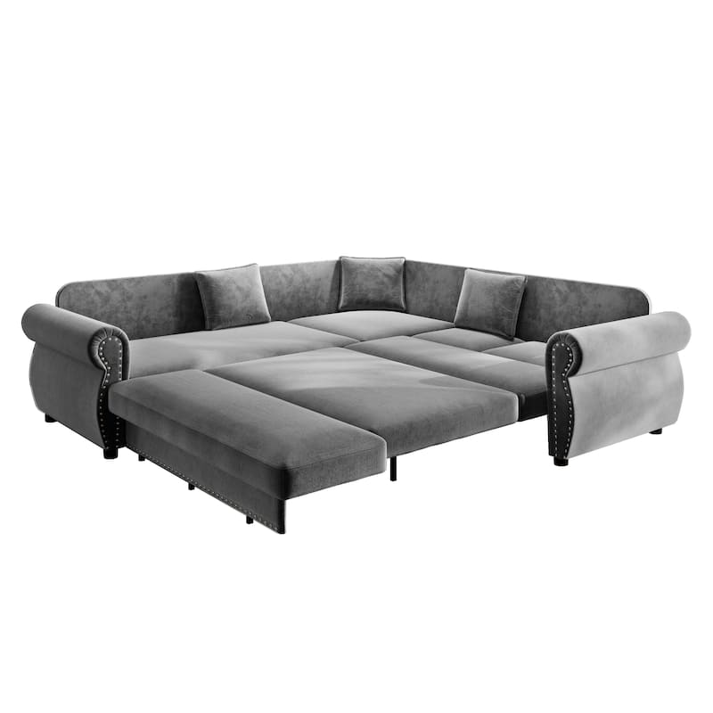 88.2" L-Shaped Sleeper Sectional Sofa with Pull-Out Bed - Chenille Convertible Couch, Nailhead Trim, for Living Room