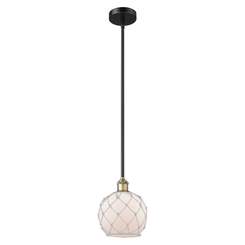 Innovations Lighting Endless Possibilities Edison - Farmhouse Rope - 1 Light 8" Stem Hung Mini Pendant - White Glass with White Rope/Black Antique Brass