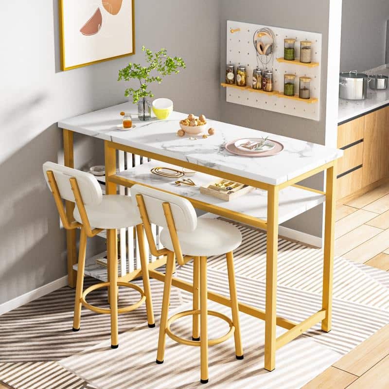 3-Piece Dining Room Table Set with 2 Upholstered Bar Stools, Modern Farmhouse Bar Table Set for 2 with Multiple Tier Shelves
