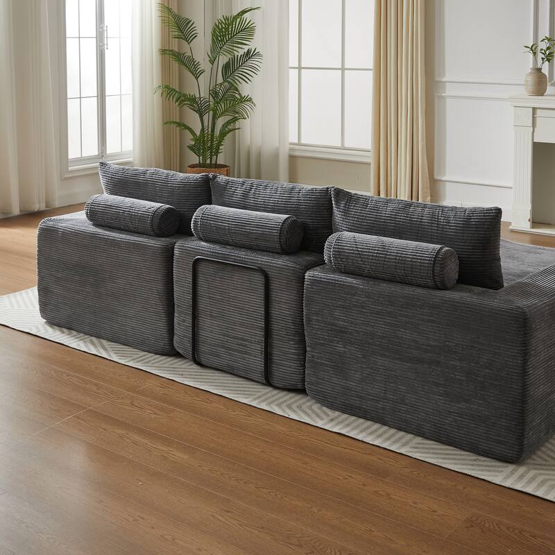 L-Shaped Sectional Sofa with Chaise Lounge, Corduroy Upholstered Boneless Couch, Module Corner Sofa with 3 Pillows