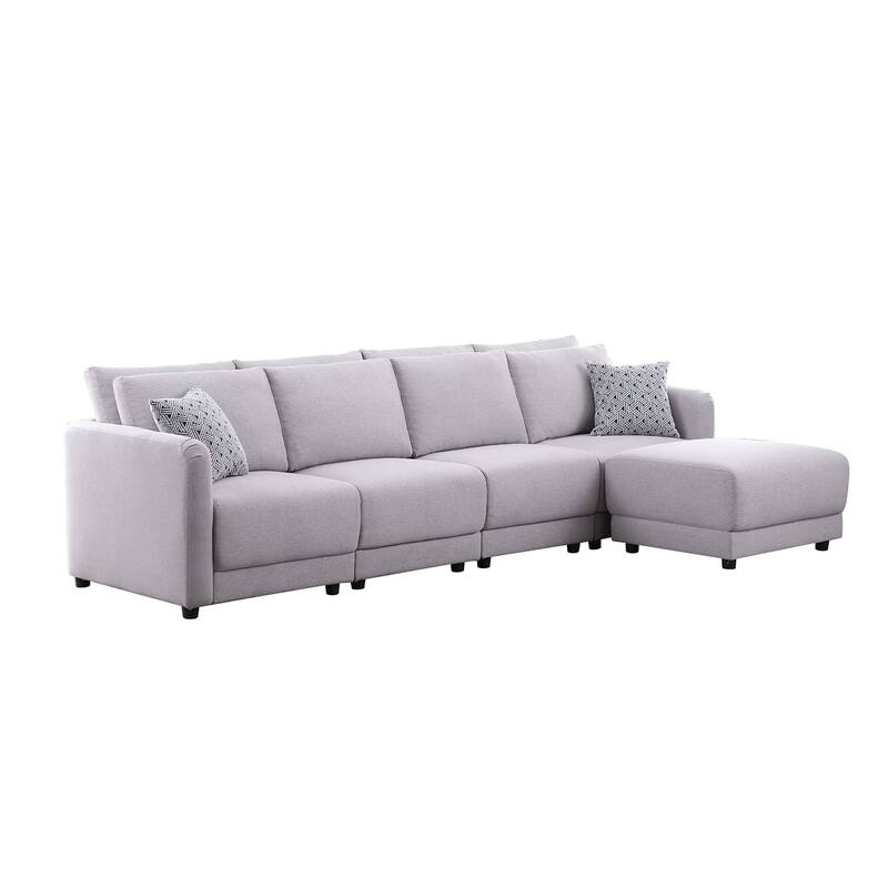 Linen Upholstered 4-Seater Sofa with Ottoman in Light Gray