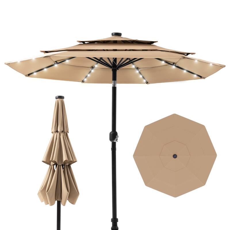 COSIEST Outdoor 10ft 3 Tiers Market Patio Umbrella with Solar LED lights - Khaki