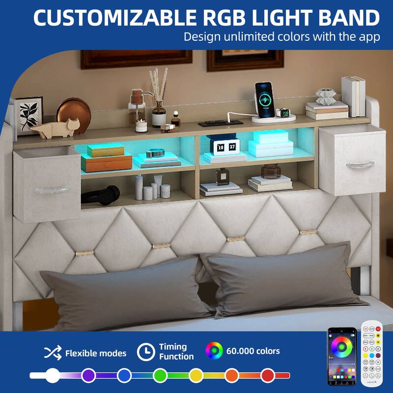 Moasis Upholstered Bed Frame with Storage Headboard And Charging Station and LED Light
