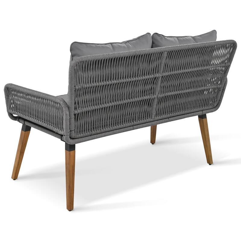 6-Piece Outdoor Patio Rope Conversation Sofa Set with Acacia Wood Cool Bar Table and 2 Stools