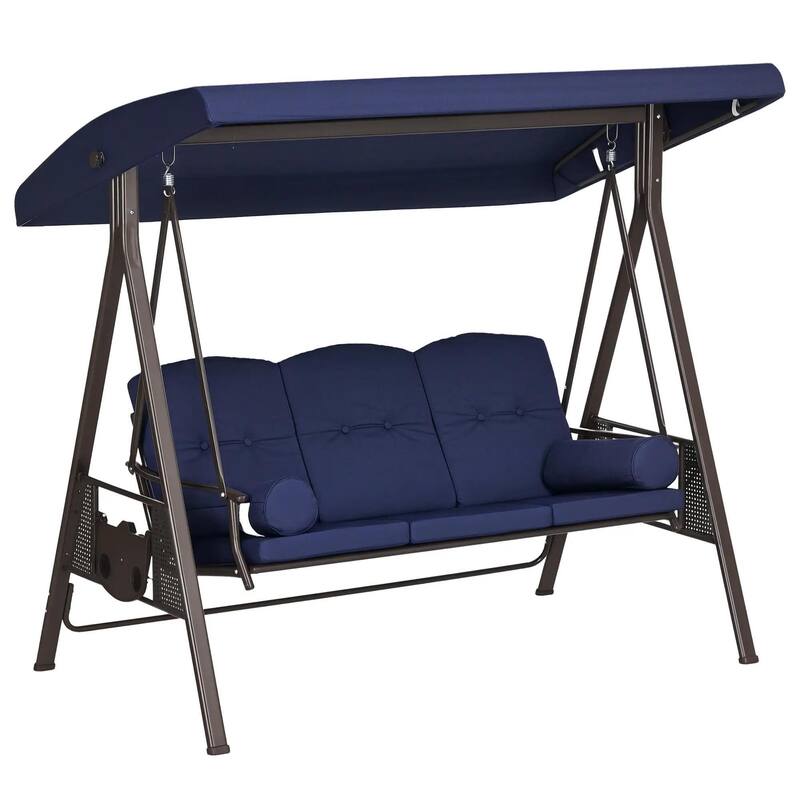 3-Seat Patio Swing Chair, Adjustable Canopy, Side Trays, Comfort Set