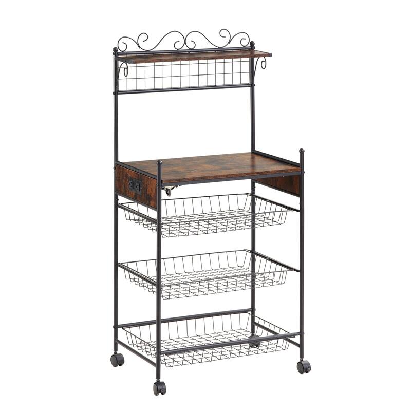 Rolling Microwave Stand, Antique Brown Kitchen Storage Shelf Bakers Rack with Powers Outlet and