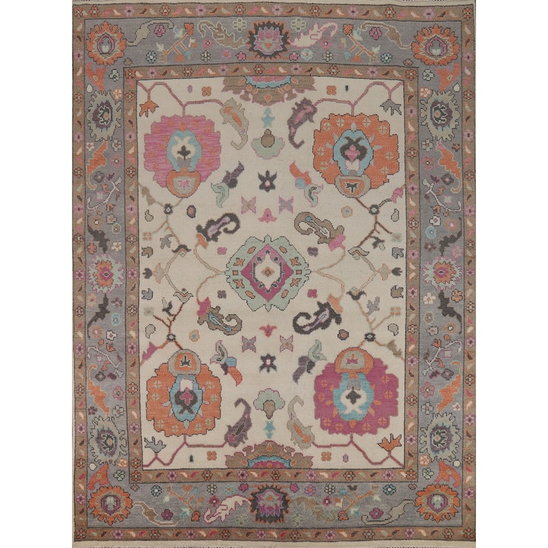 Ivory Floral Oushak Indian Area Rug Handmade Wool Carpet - 7'11" x 10'0"
