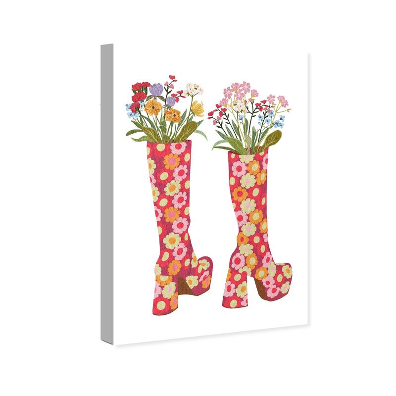 Wynwood Studio Canvas Fashion and Glam Floral Boots Red and Modern & Contemporary Wall Art Canvas Print