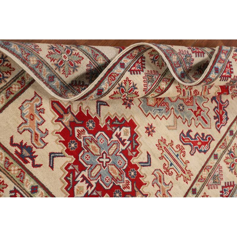 Geometric Beige Kazak Area Rug Handmade Oriental Wool Carpet - 3'11" x 5'10"
