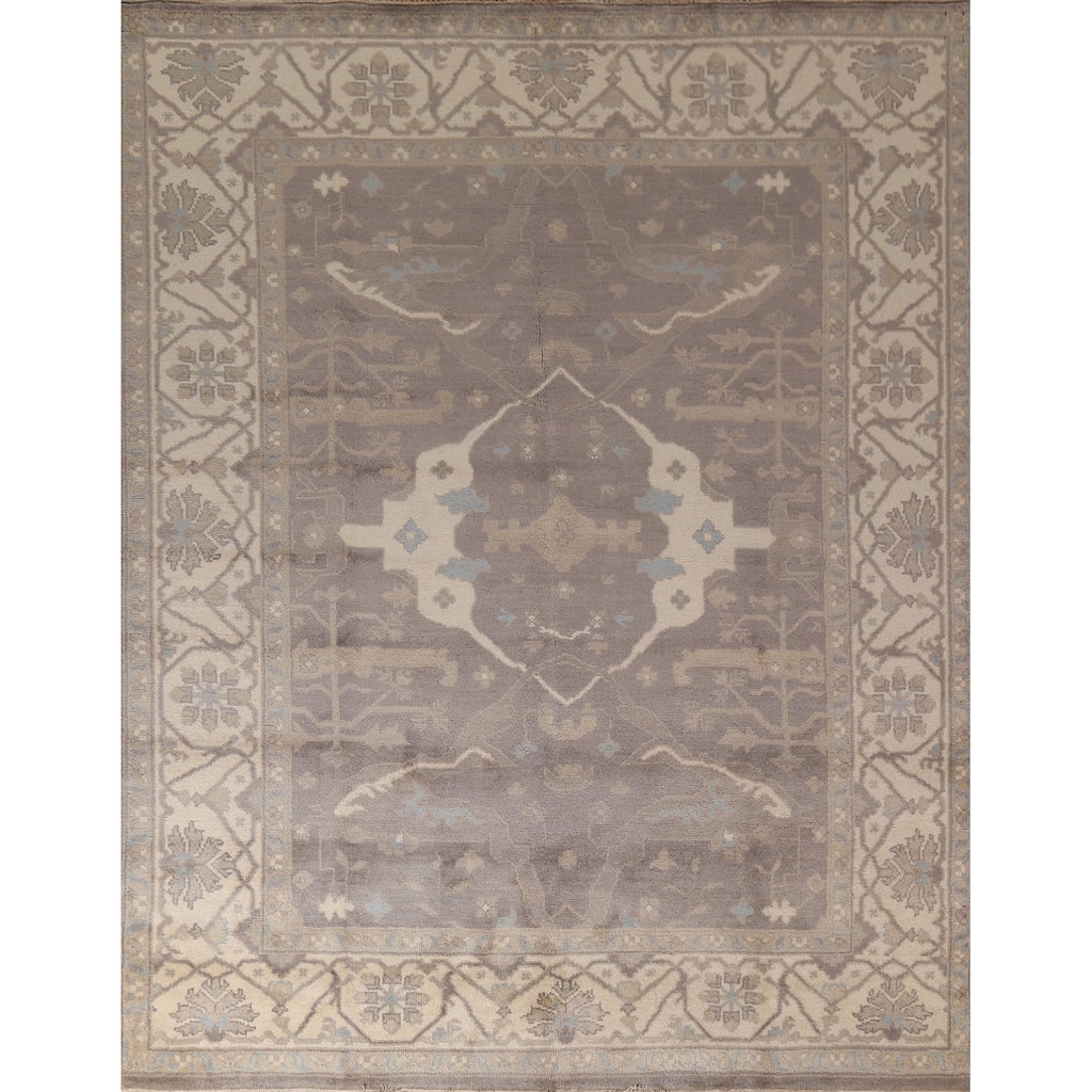 Gray & Ivory Oushak Indian Area Rug Hand-Knotted Wool Carpet - 8'0"x 9'8"