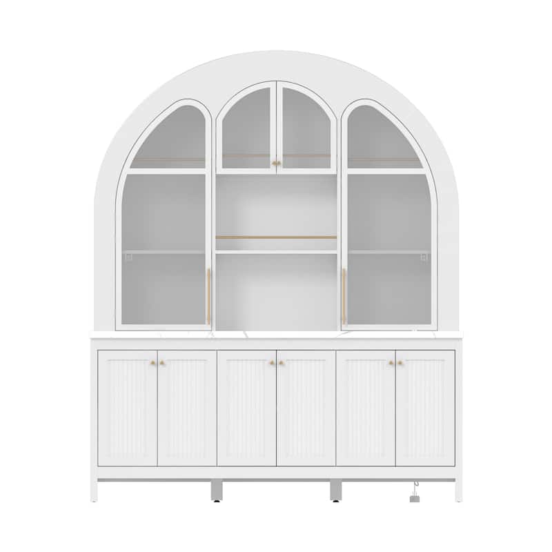 63" Arched Display Cabinet with LED Lights, Modern Buffet Sideboard with Glass Doors, Large Storage Credenza Bookshelves