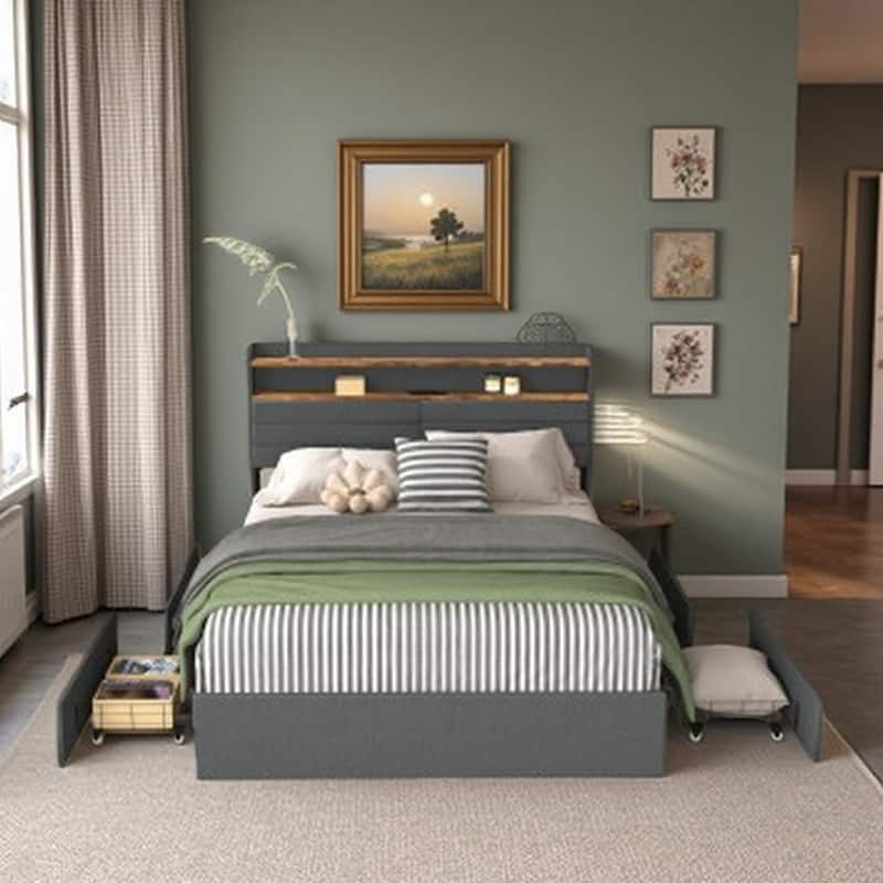 Queen Platform Bed with 4 Built-In Storage Drawers, Headboard Featuring LED Ambient Lighting and Integrated Charging - Queen Black+ Gray - Queen