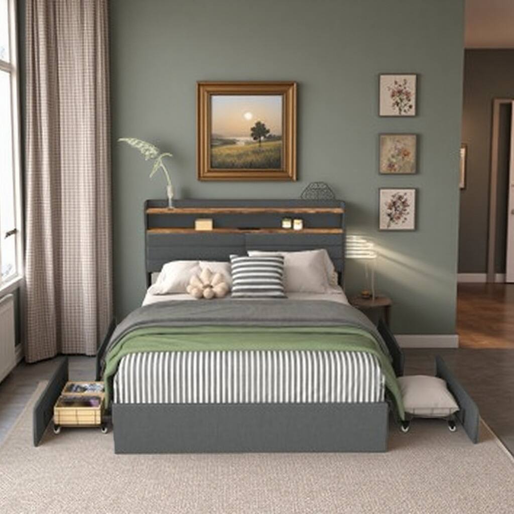 Queen Platform Bed with 4 Built-In Storage Drawers, Headboard Featuring LED Ambient Lighting and Integrated Charging