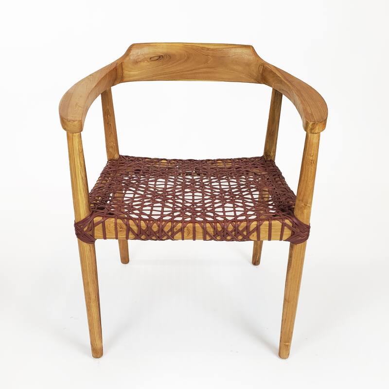 Erline Teak Wood Weaved Leather Seat Accent Chair Armchair