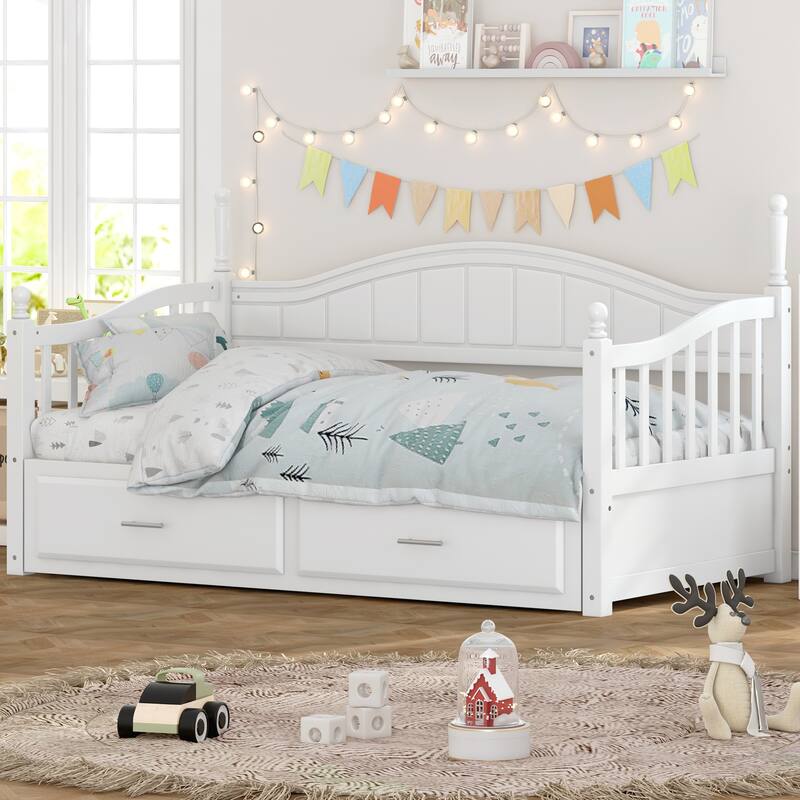 Wooden Twin Size Daybed with Twin Size Trundle, Extendable Daybed with Two Storage Drawers