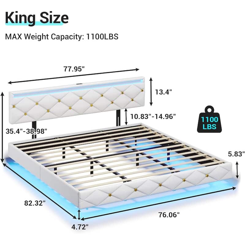 Floating Bed Frame LED Lights USB Ports Low Profile Faux Leather
