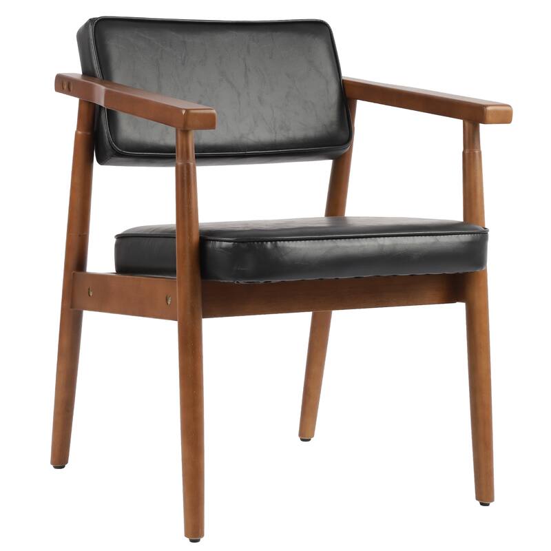 Walnut Faux Leather Upholstered Dining Chair Padded Armchair Solid Wood Open Back - Single - Black-1-Piece