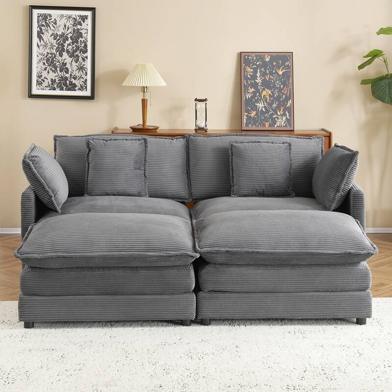75.6" Compact L-Shape Sectional, Corduroy Modular Sofa with Pockets