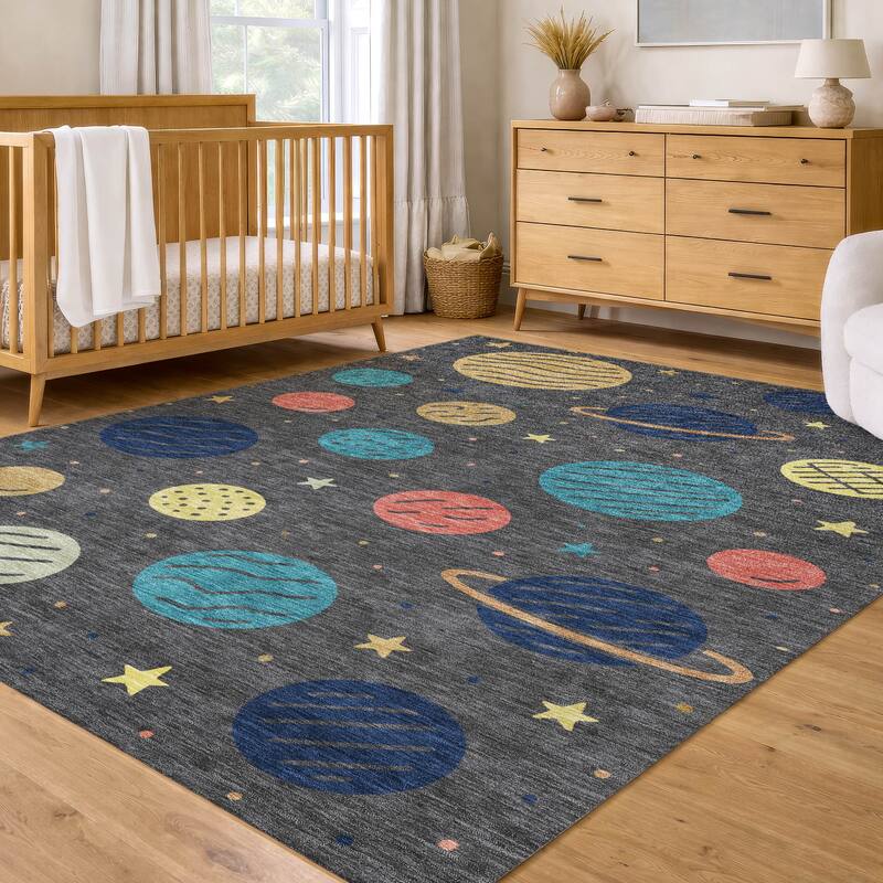 Machine Washable Indoor/ Outdoor Modern Planets Chantille Rug