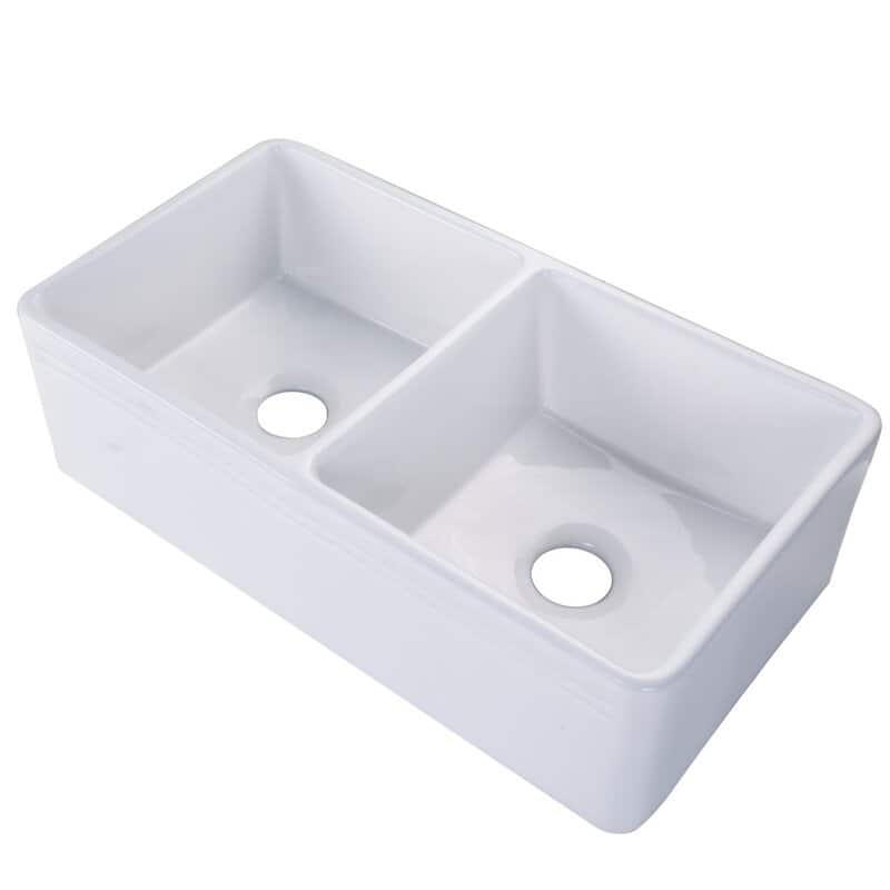 CB HOME 30"/33" Modern Farmhouse 50/50 Kitchen Sink, Ceramic Double Bowl Black/White Farmhouse Sink with Apron Front
