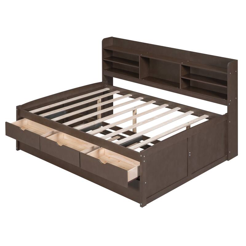 Full Size Wooden Bed with Bookcase Headboard, Three Storage Drawers, and Trundle for Space-Saving Design