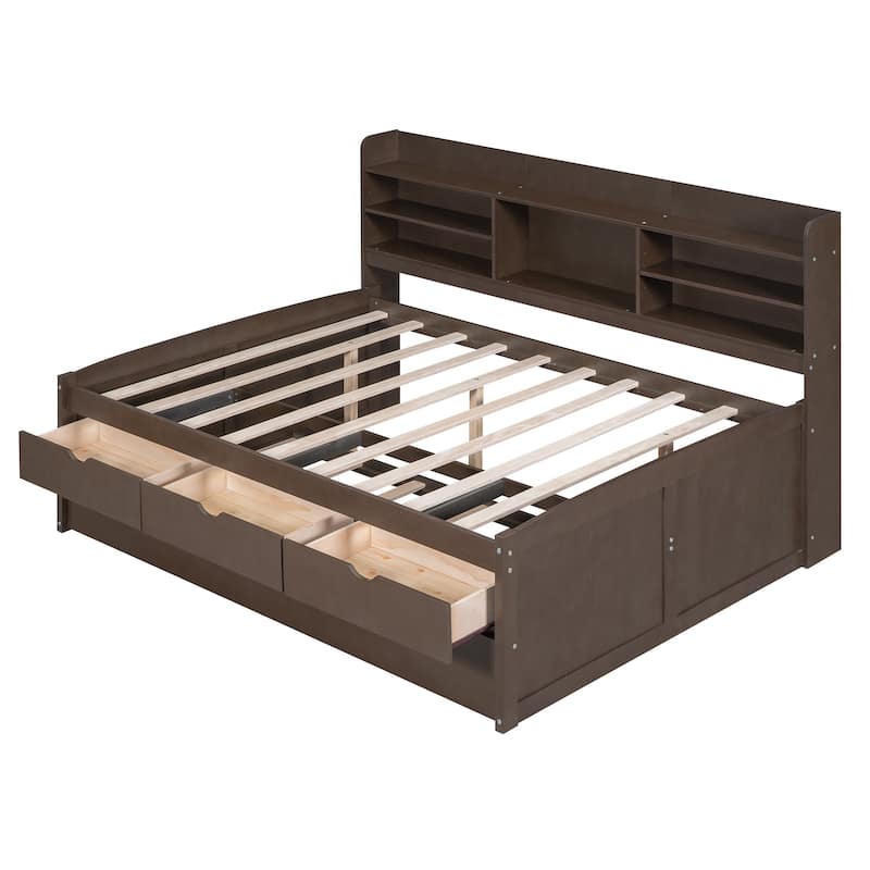Full Size Wooden Captain Bed with Built-in Bookshelves,Three Storage Drawers and Trundle