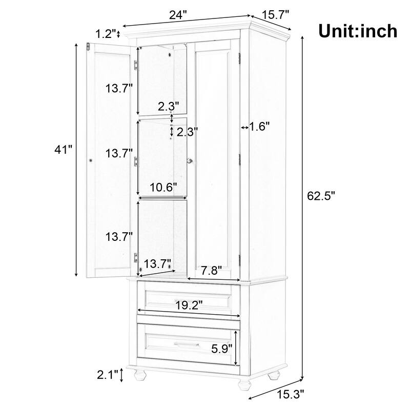 Freestanding Tall Storage Cabinet with 2 Drawers, 2 Doors, Round Legs and Adjustable Shelf for Bathroom Office Kitchen