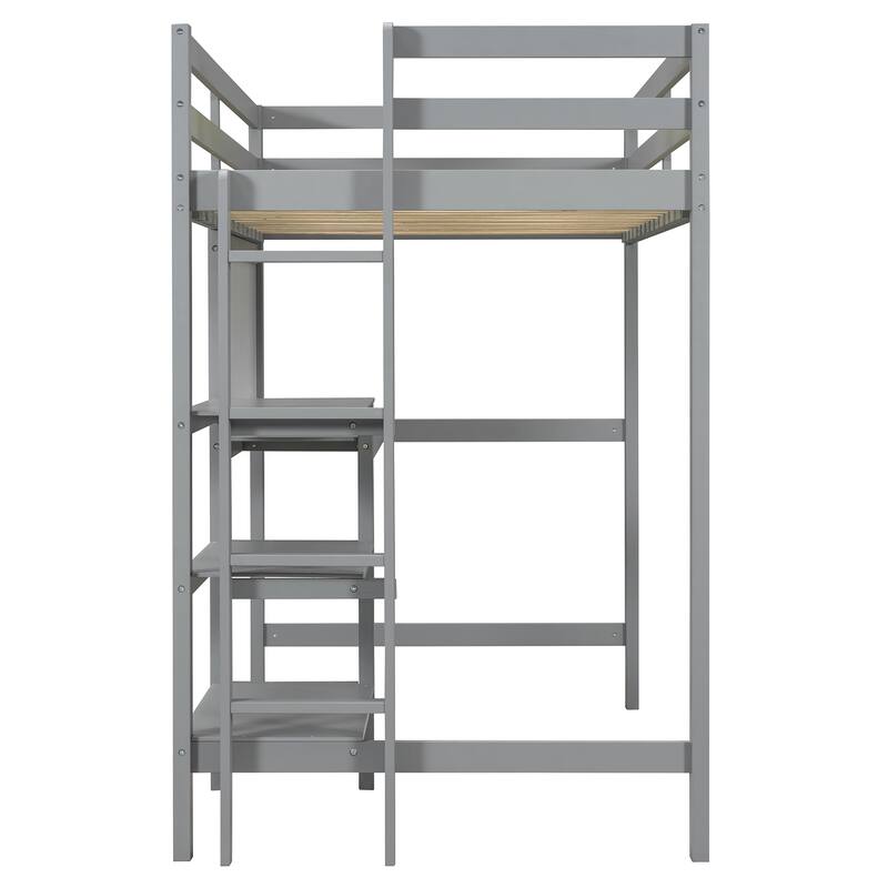 Twin Size Wooden Loft Bed with Built-In Desk, 3-Tier Shelves, Writing Board and Safety Guardrails, Space-Saving Design