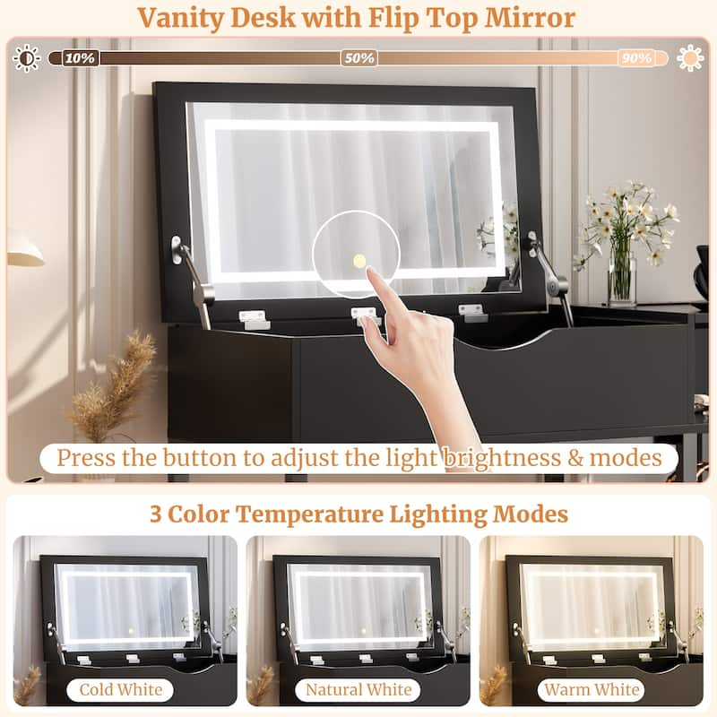 Flip Top Vanity Desk with LED Mirror and Charging Station, Modern Makeup Table with Hiden Storage