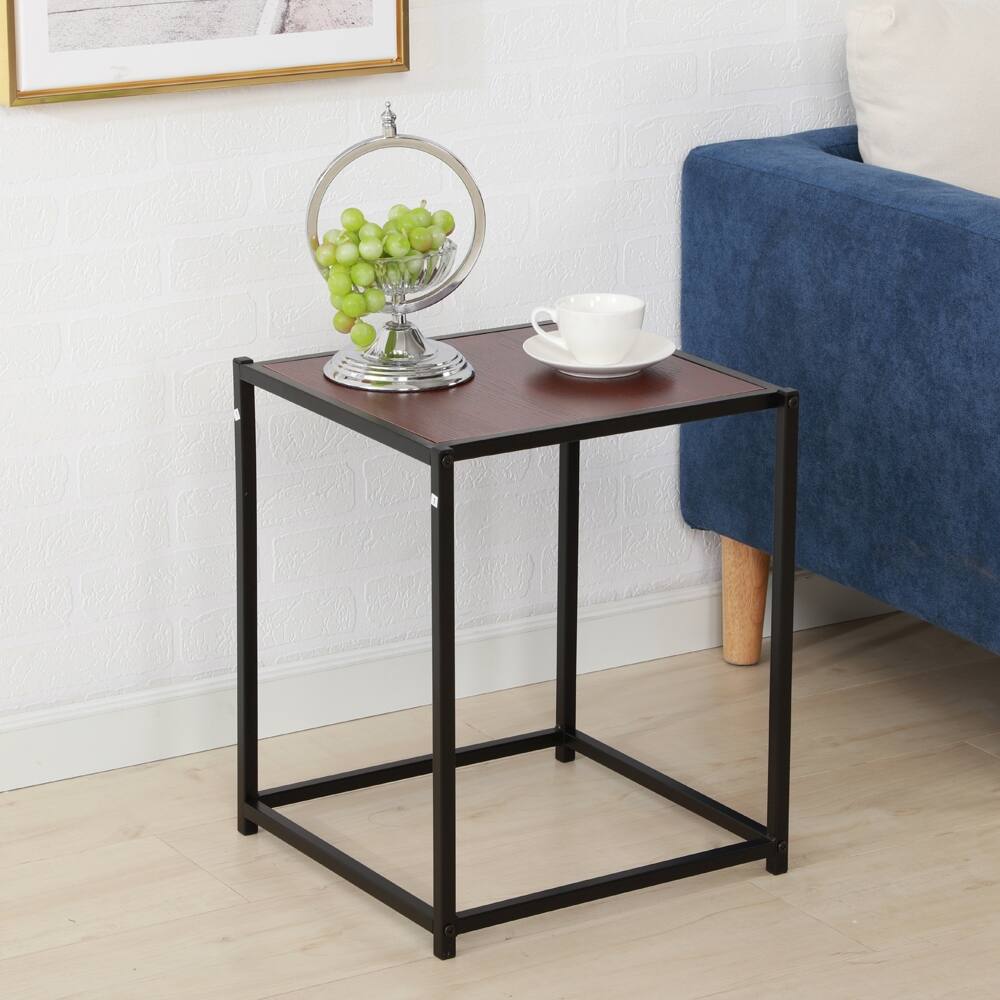 Rustic Iron Frame Wood Grain Veneer Surface Side Table End Table Sapele Color