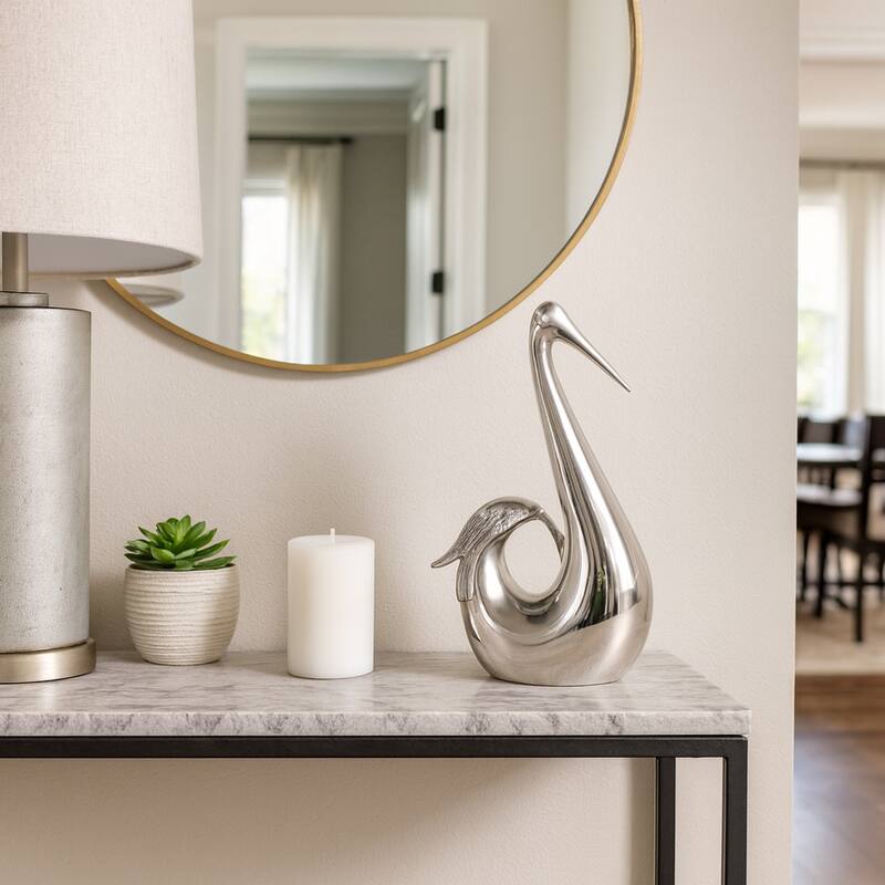 Metal Sculpture Stylish Swan Bowling Figurine Home Decor - 11" Silver - 7" x 3.5" x 11"