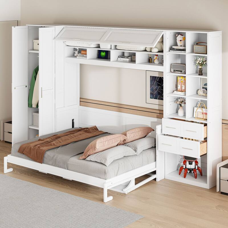 Queen Size Murphy Bed with Side Wardrobe & Flip Design, Foldable Wooden Wall Bed with Storage Drawers & Shelf for Home Office - White - Queen