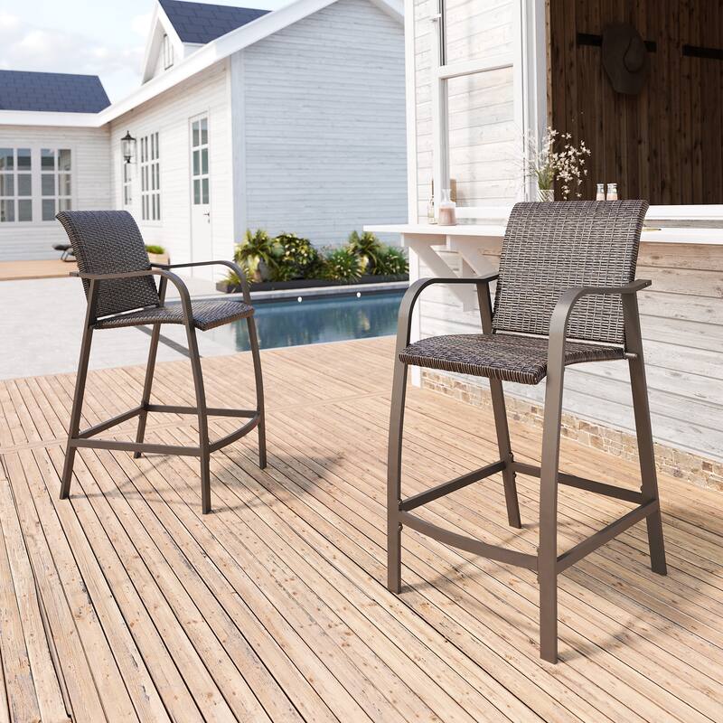 Crestlive Products Outdoor Counter Height Wicker Bar Stools - 21.7" W x 25.6" D x 43.7" H - Antique Brown, 2PCS