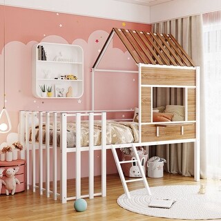 Kids House Bed Twin Size Low Loft Bed with Roof Metal Loft Bed