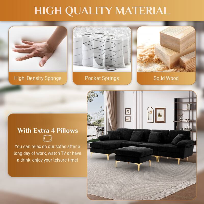 110" Upholstered Velvet U-shaped Sectional Sofa With Chaise Lounge & Ottoman