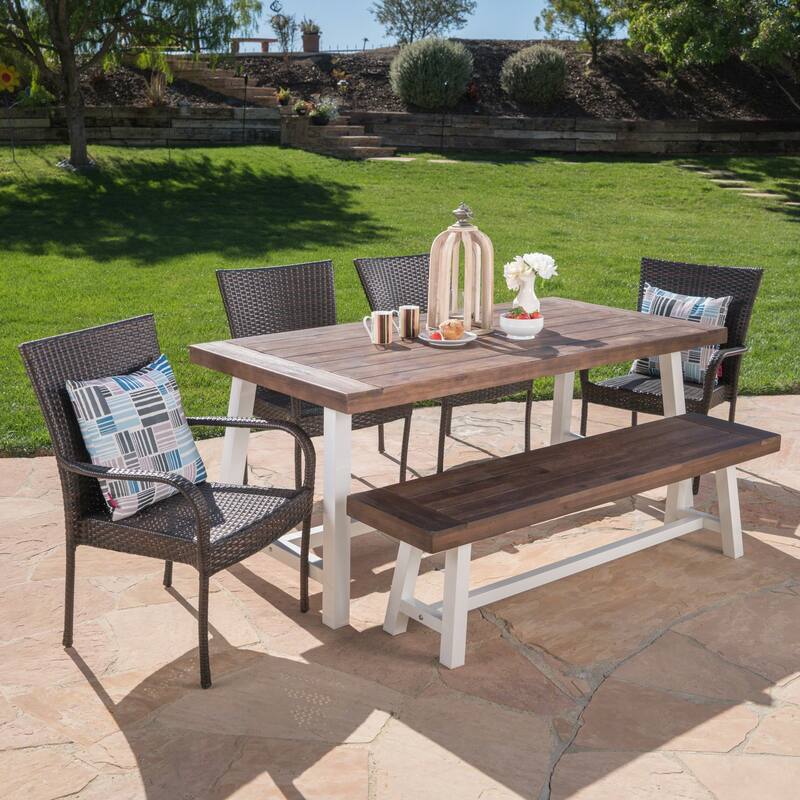 Christopher Knight Home Cooper Outdoor 6-Piece Rectangular Acacia Wood and Wicker Dining Set