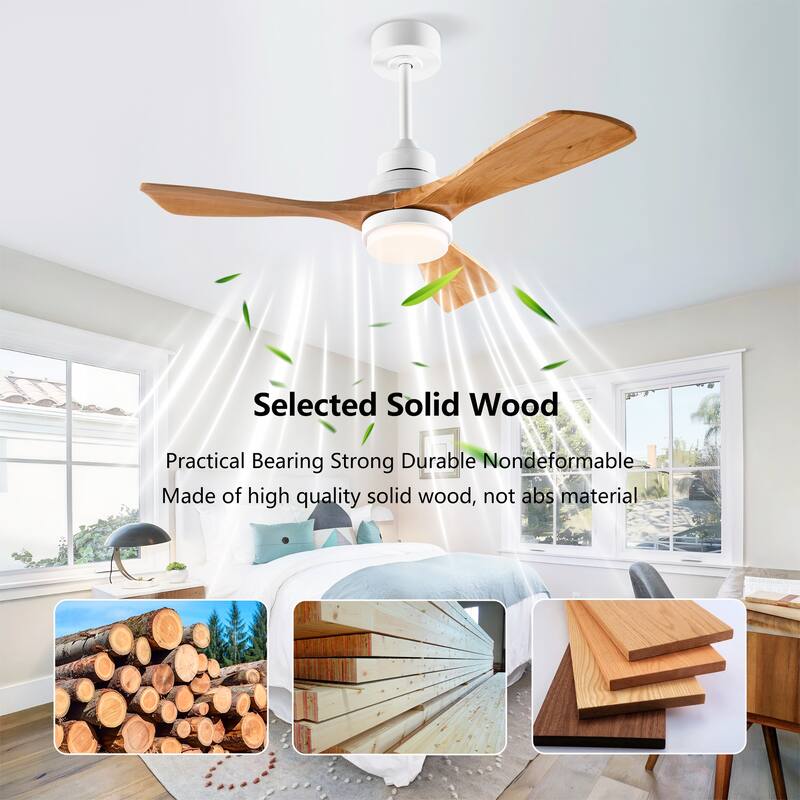 42" Ceiling Fan w/ 3 Color Dimmable 3 Solide Wood Blades Remote Control Reversible DC Motor