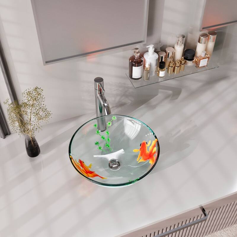 Countertop Vessel Sink 16.5" Round Koi FIsh Design Tempered Glass Bathroom Sink with Chrome Sink Drain Renovators Supply