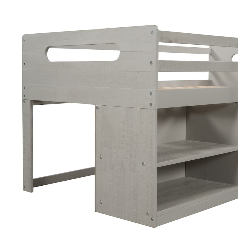 Twin Solid Pine Loft Bed with Shelves, Drawers, and Guardrail