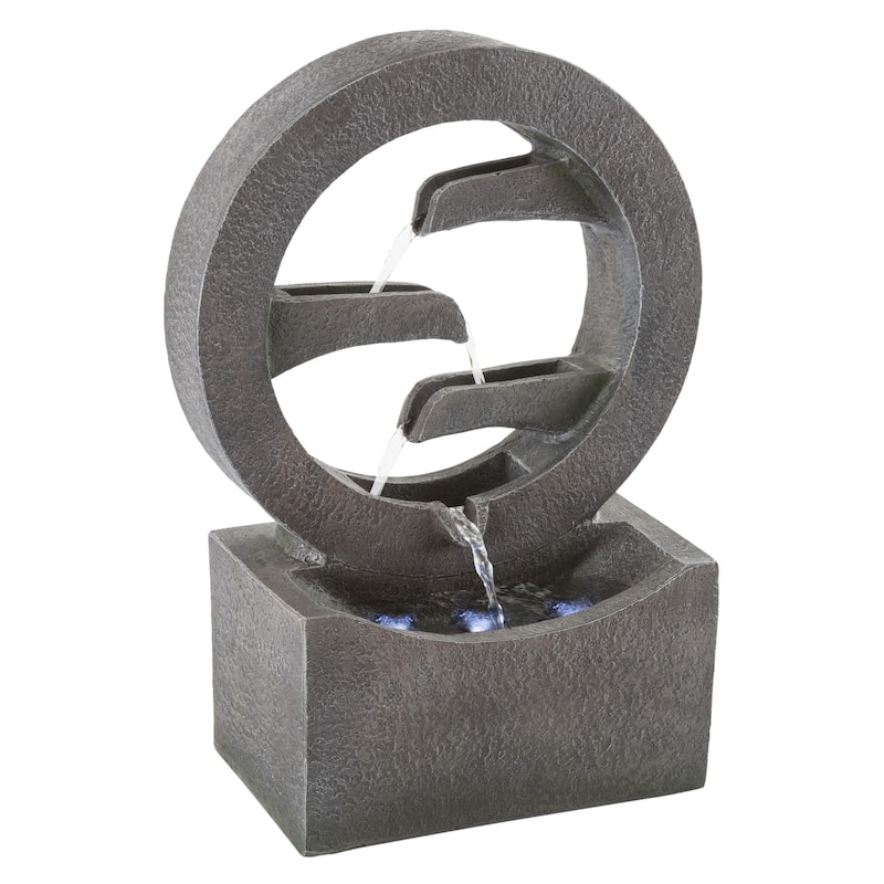 Round Cascade Fountain- 4 Tier Polyresin Waterfall with LED Lights by Pure Garden - Polyresin - Floor - Grey