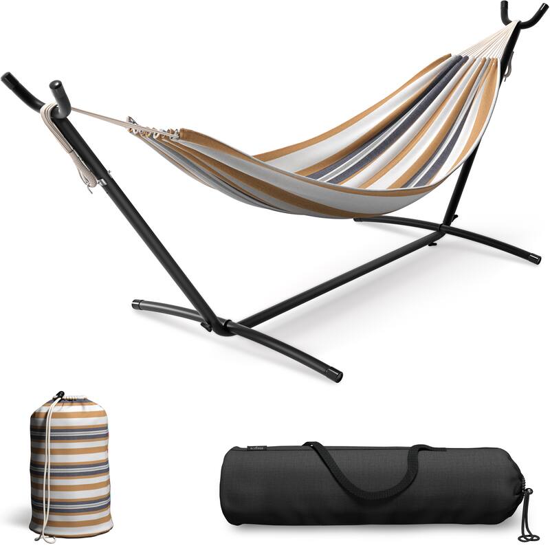 Sorbus 2-Person Hammock with Stand, 60" Cotton Blend Bed, Heavy Duty 450lbs Capacity, Portable with Carrying Case, Washable - Brown/White/Gray
