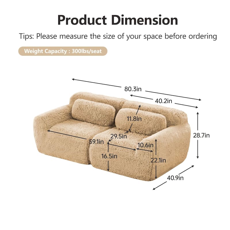 Rossetta 2-seater Soft Fluffy Plush Fabric Modular Sectional Sofa Couches with Throw Pillows, Bottom Anti-Slip Design