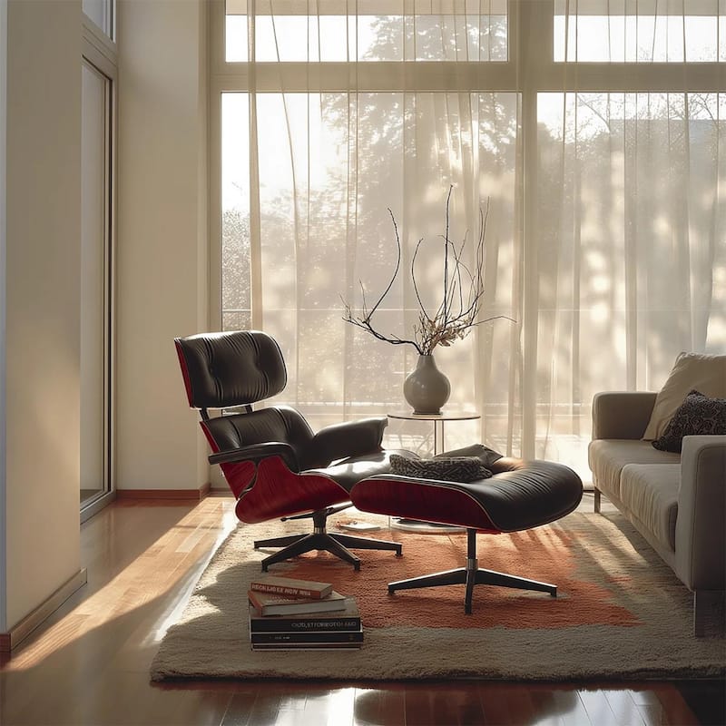 Mid-century Full Grain Leather Accent Chaise Lounge Chair and Ottoman