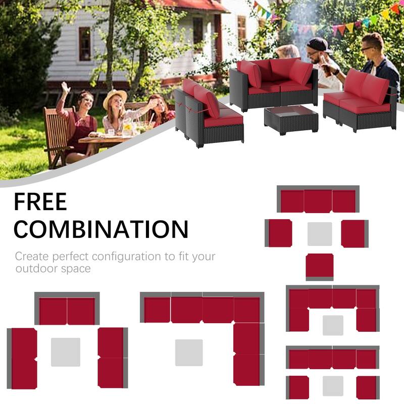 7-Piece Outdoor Patio Furniture Set Sectional Sofa Chairs and Tempered Glass Coffee Table PE Rattan Steel Frame with Cushions